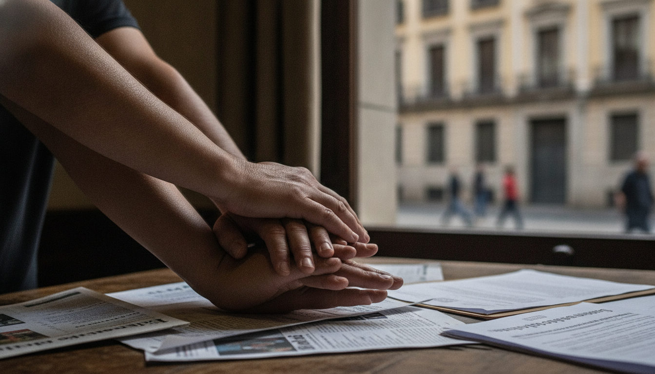 Manos de varias personas unidas sobre una mesa con documentos difusos de fondo, simbolizando apoyo a causas de derechos humanos.