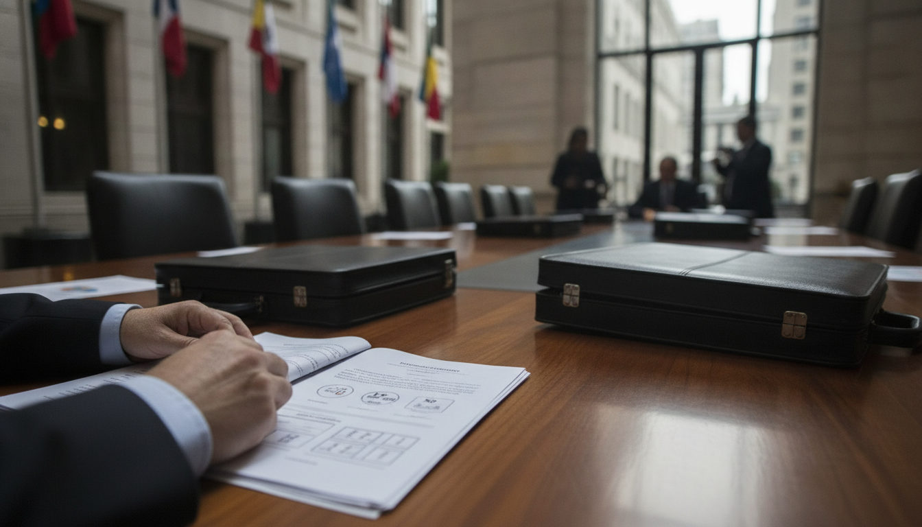Manos examinando documentos oficiales sobre una mesa de reuniones, con el logo de un banco y varias banderas internacionales de fondo, simbolizando el debate sobre los activos congelados.