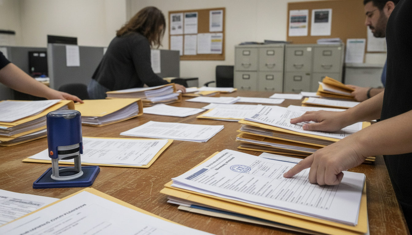 Manos de un funcionario español examinando documentos de extranjería en una oficina, con varios expedientes apilados en el fondo.