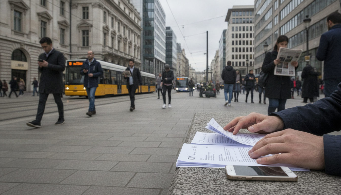 Manos de una persona sosteniendo documentos de trabajo en una calle concurrida de una ciudad europea, reflejando el desafío laboral en la diáspora.