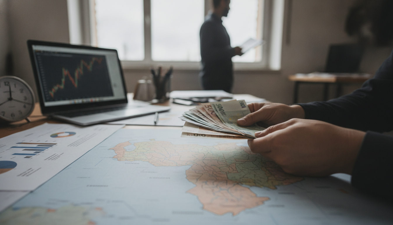 Una mano sosteniendo billetes, simbolizando el envío de remesas, sobre un escritorio con documentos y un mapa difuminado de Venezuela y España.