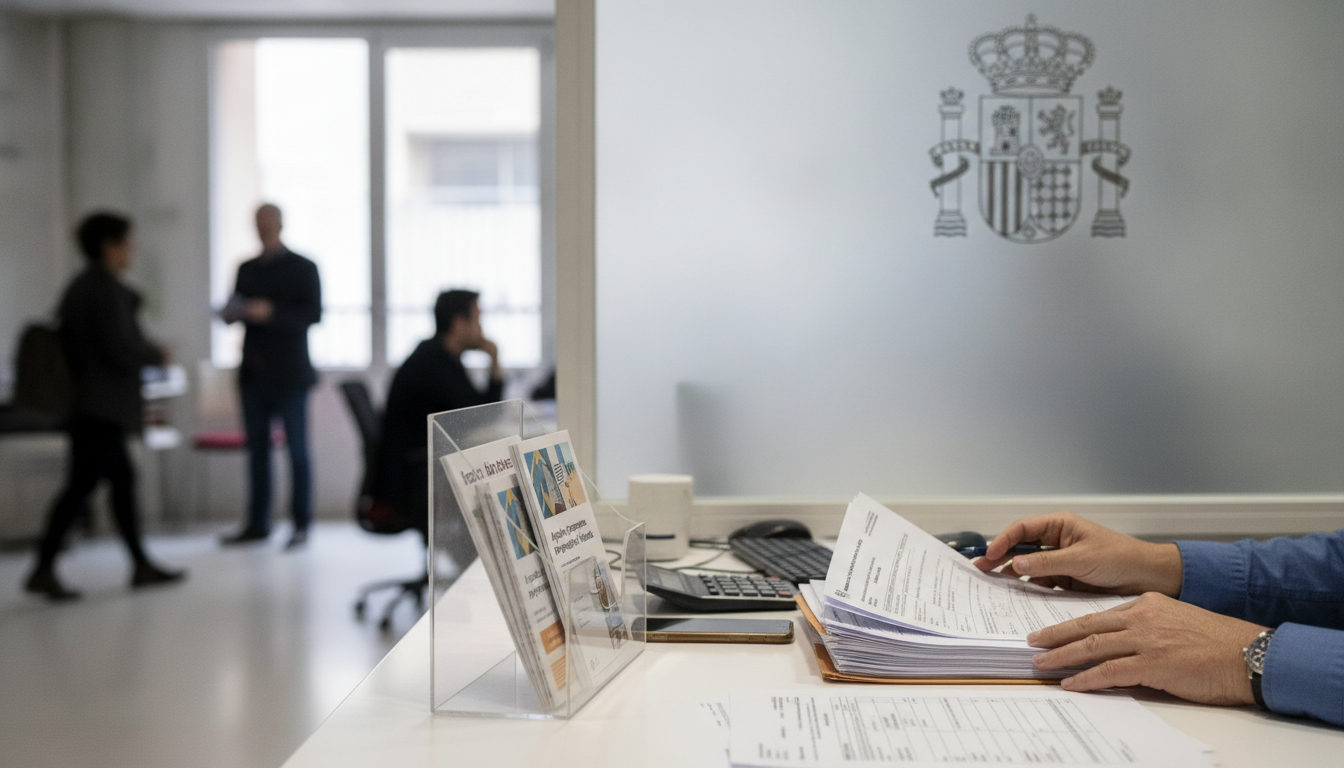 Manos de un funcionario y un ciudadano revisando documentos en una oficina de atención al público sobre ayudas a la vivienda en València.