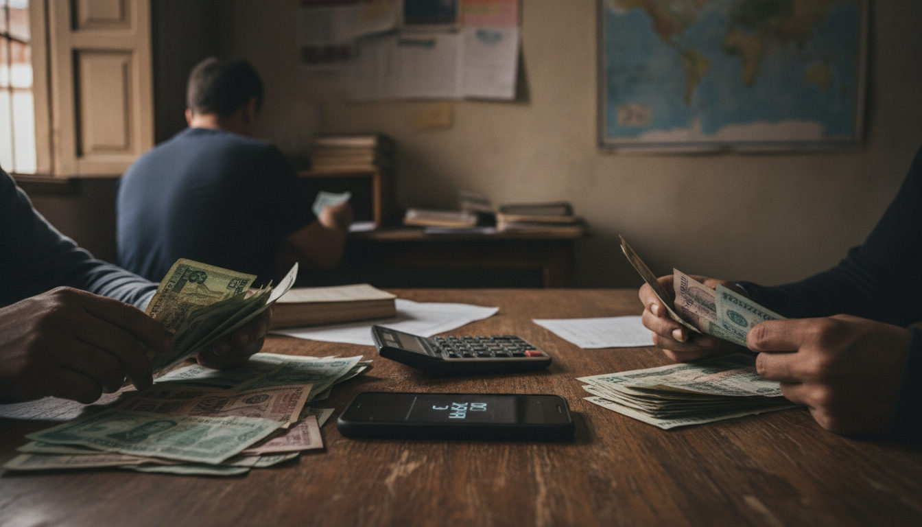 Manos contando billetes de bolívares y dólares sobre una mesa, con un teléfono mostrando tasas de cambio, simbolizando el impacto de las fluctuaciones económicas en las finanzas diarias.