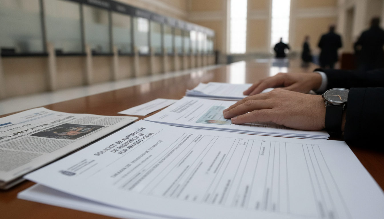 Manos revisando documentos de residencia y extranjería en una oficina en España.