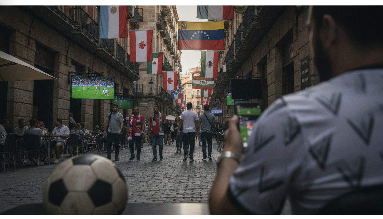 Banderas de países participantes en el Mundial 2026 decorando ventanas en una calle animada, con gente viendo partidos en pantallas de televisión.