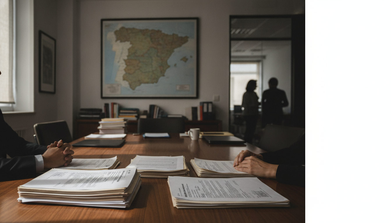 Manos sobre documentos legales en una mesa de oficina, posiblemente en un bufete de abogados, durante una consulta de extranjería.
