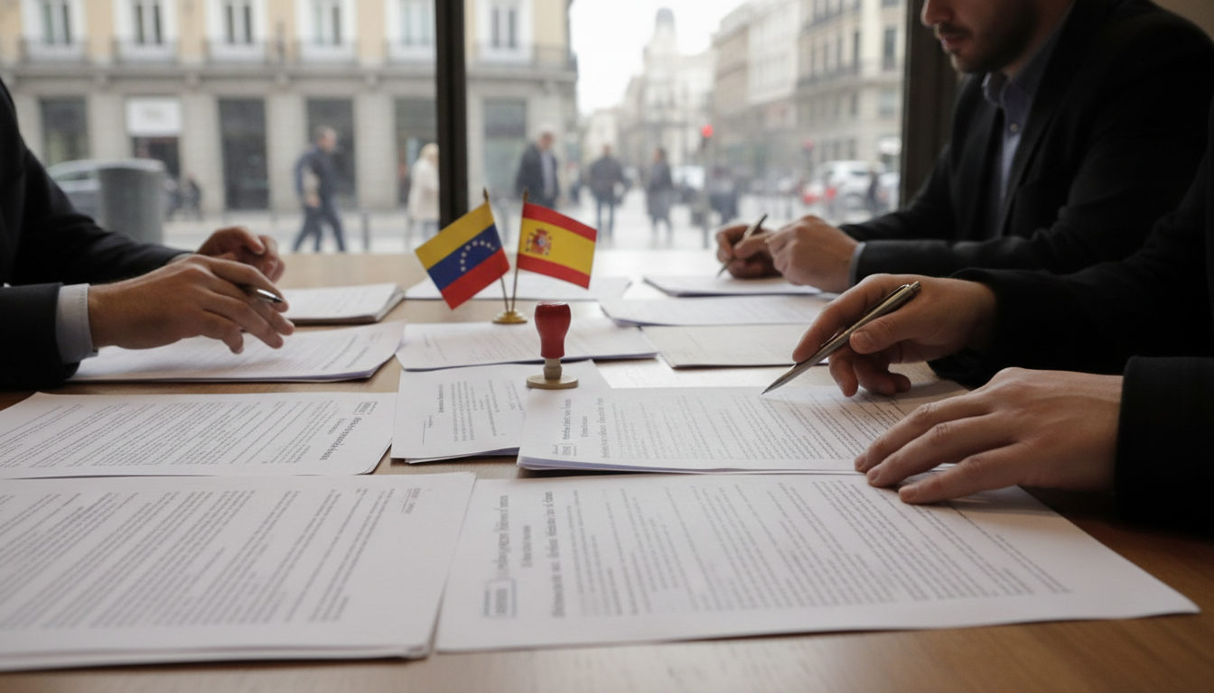 Manos sobre una mesa examinando documentos de asilo y protección internacional, con formularios y papeles legales.