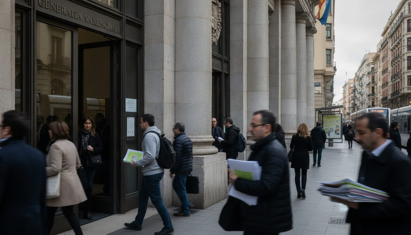 Ciudadanos entrando y saliendo de la sede de la Generalitat Valenciana en València, un reflejo del flujo diario de trámites administrativos.