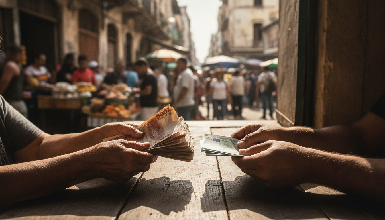 Manos de personas intercambiando billetes de bolívares y dólares en un mostrador, simbolizando la compleja economía de Venezuela.