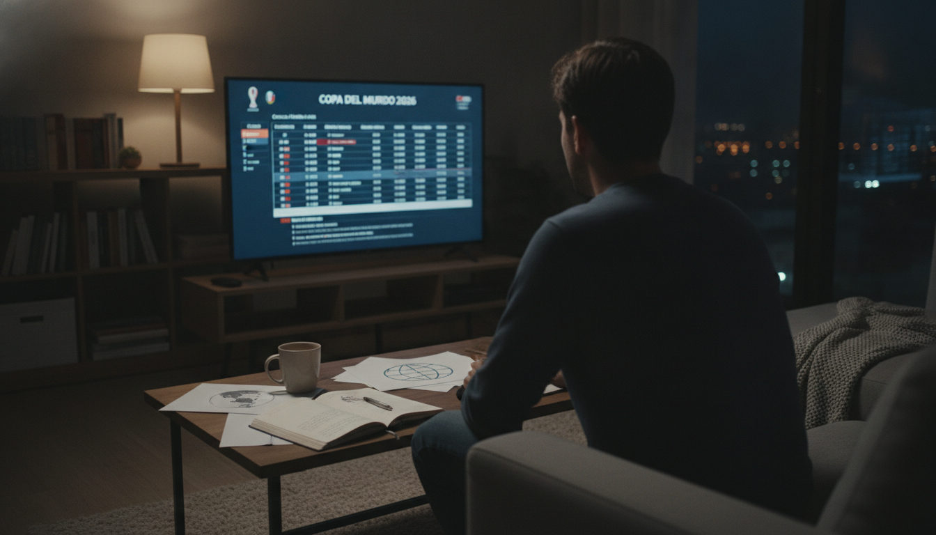 Un aficionado de espaldas, absorto en la pantalla de su portátil donde se muestra el calendario de partidos del Mundial 2026, con diferentes horarios marcados. La luz tenue sugiere la madrugada.