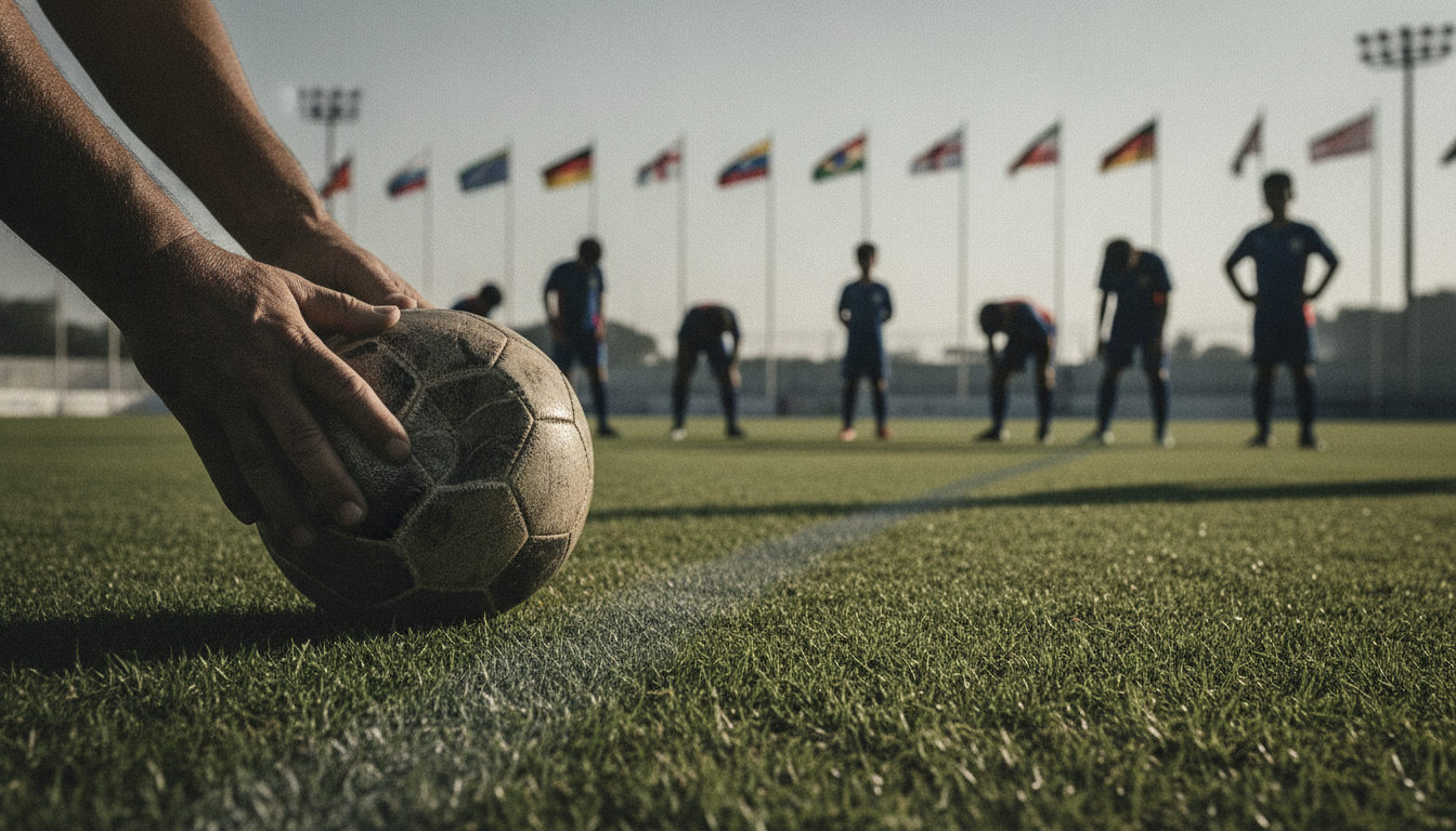 Manos adultas entregando un balón de fútbol a un grupo de jóvenes deportistas en un campo, con banderas internacionales de fondo, representando la inversión en talento futbolístico juvenil.