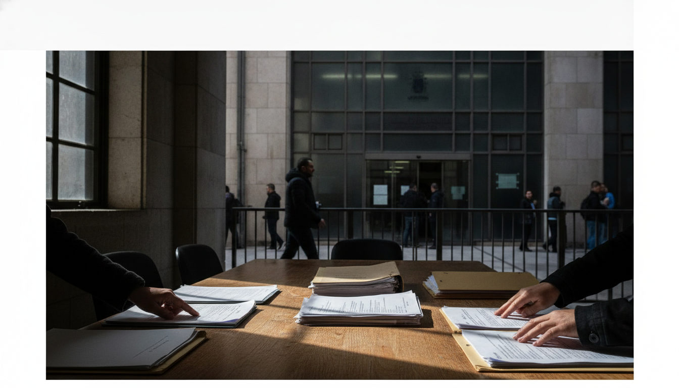 Documentos legales sobre una mesa de madera, con las manos de un abogado y un migrante señalando cláusulas importantes en un entorno de oficina legal.