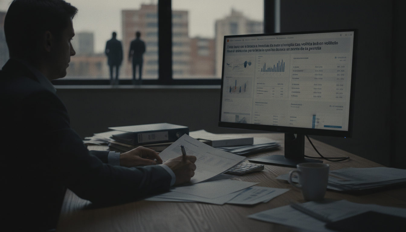 Manos sobre un escritorio, observando gráficos económicos en una pantalla, mientras se procesa información sobre la situación política y financiera de Venezuela.