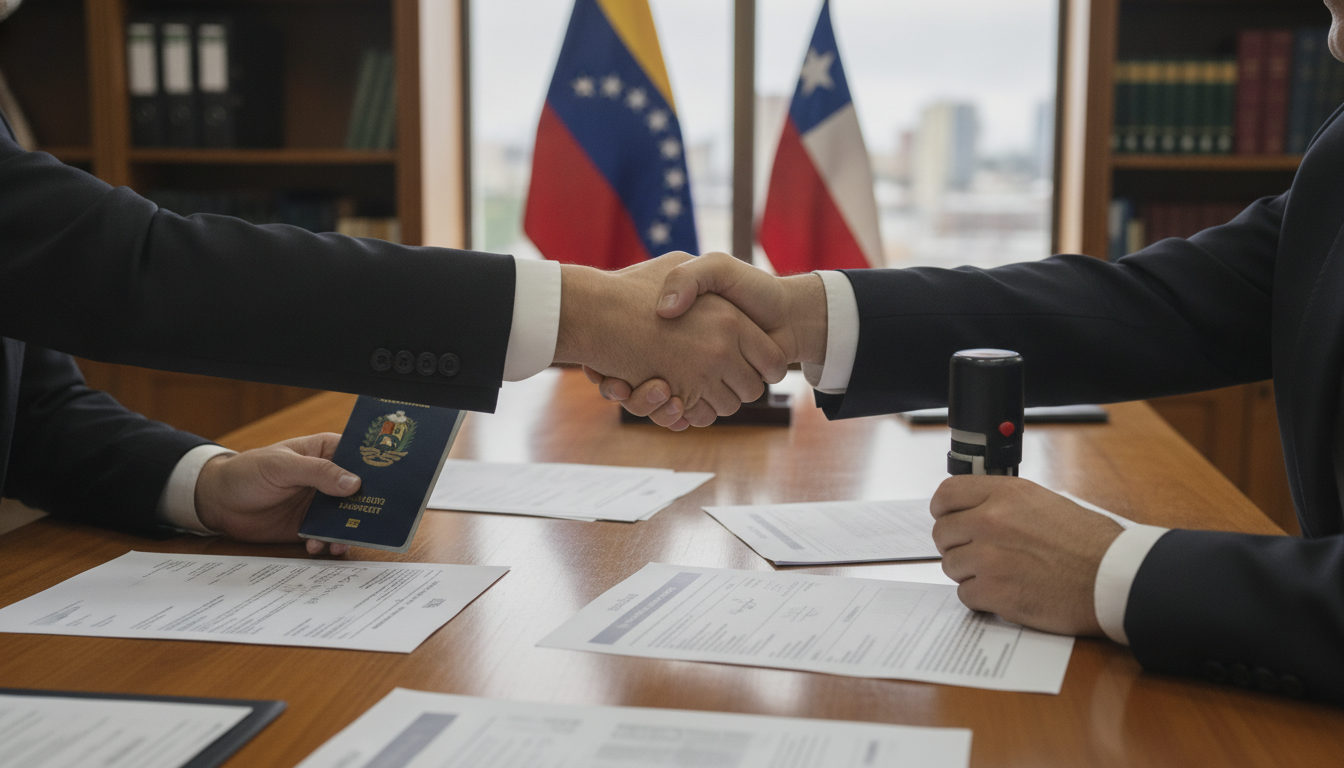 Manos de dos diplomáticos, una sosteniendo un pasaporte venezolano y la otra un sello oficial, dándose la mano sobre un escritorio, en señal del restablecimiento de relaciones consulares.