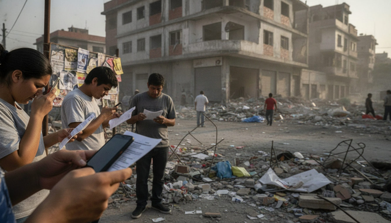 Varias personas con expresión de preocupación, algunas revisando sus teléfonos, se reúnen junto a los escombros de un edificio tras un sismo, buscando información sobre sus seres queridos.