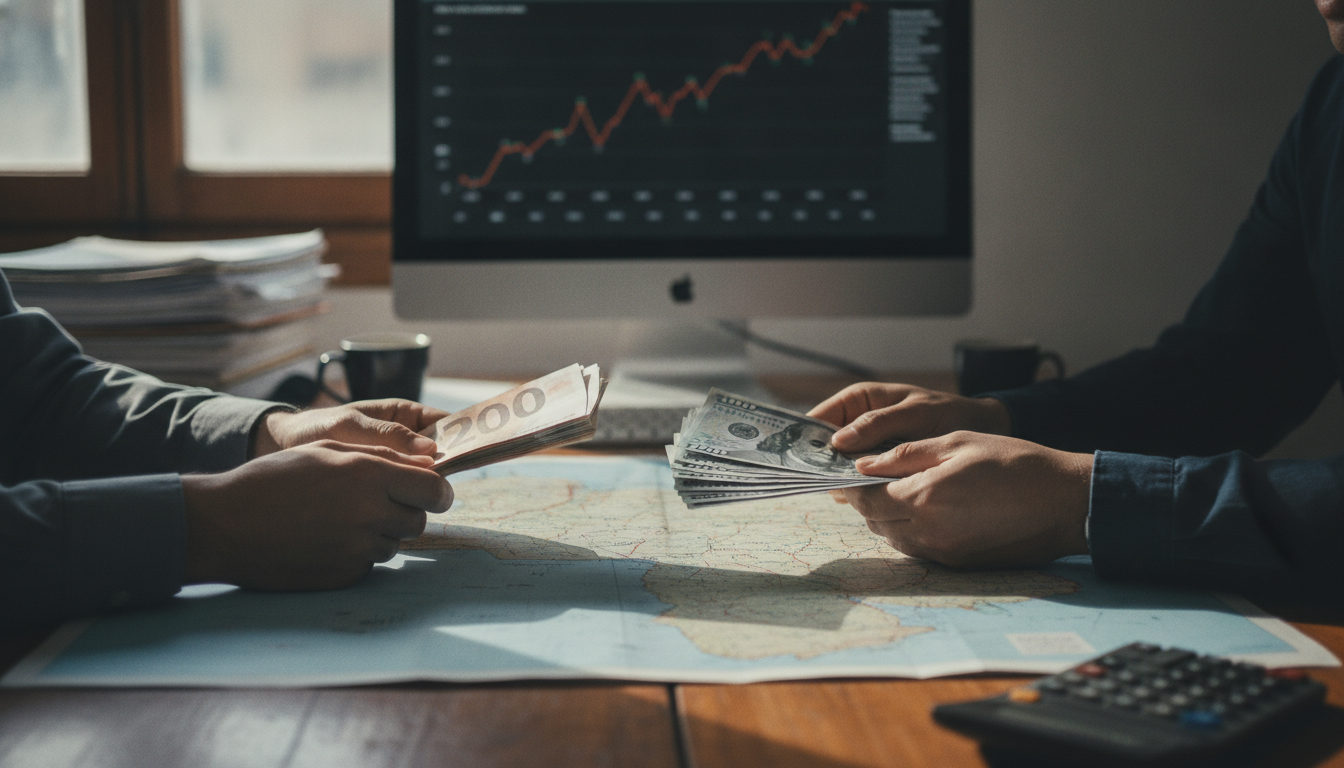 Manos intercambiando billetes de euro y dólar sobre un escritorio con un mapa de Venezuela, representando el flujo de remesas y la economía.