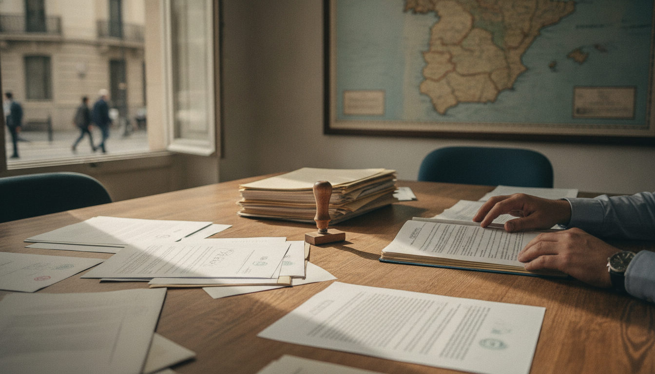 Manos examinando documentos en una oficina de extranjería, con un sello oficial y papeleo sobre la mesa.