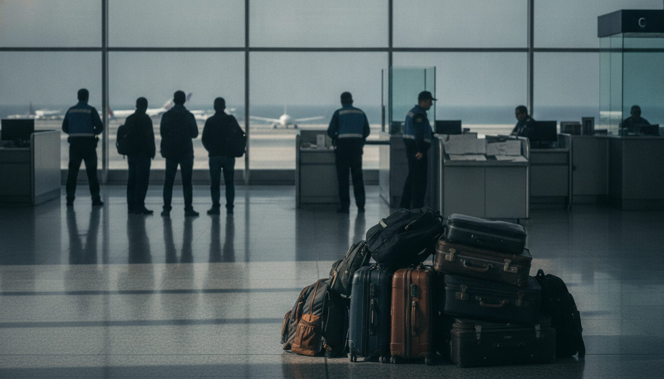 Varias personas con maletas en un puerto o aeropuerto, observando con preocupación la actividad de las autoridades migratorias al fondo.