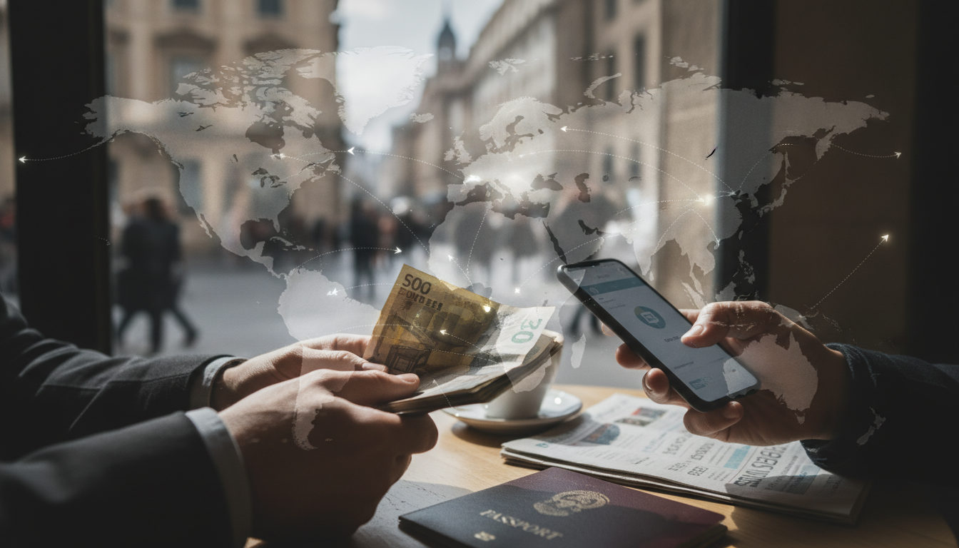 Manos intercambiando billetes y usando un teléfono móvil, sobre un fondo con gráficos económicos que representan el envío de remesas a través de fronteras.