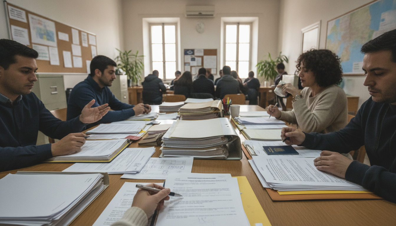 Manos de personas examinando documentos sobre trámites migratorios en una mesa de oficina.