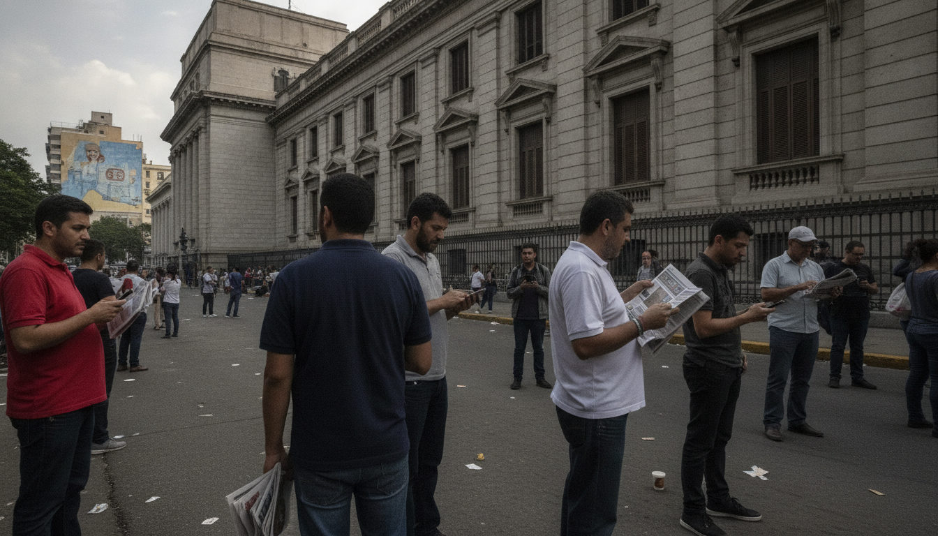 Ciudadanos venezolanos en Caracas leyendo periódicos y discutiendo en la calle frente a un edificio gubernamental, reflejando el pulso social ante las negociaciones políticas.