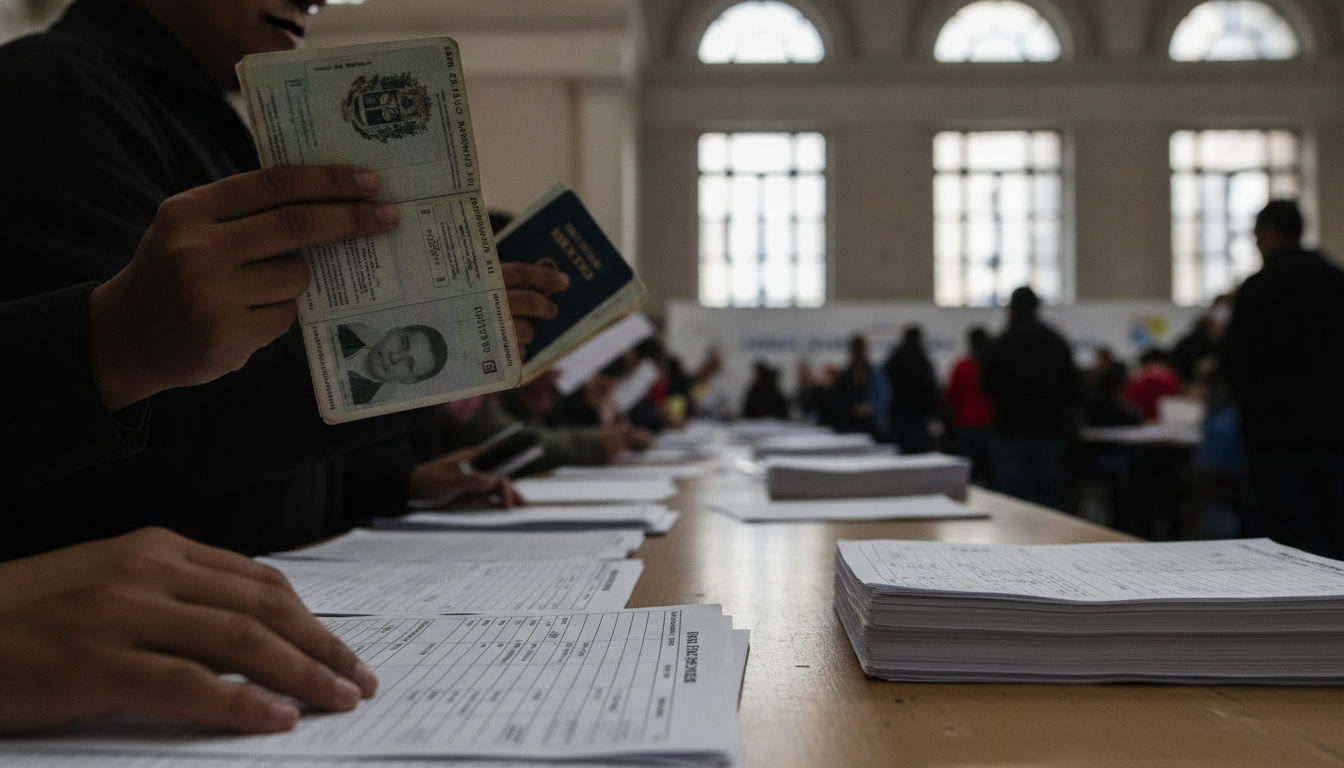 Manos de ciudadanos venezolanos sosteniendo documentos frente a una mesa, preparándose para realizar un trámite en un posible centro de registro electoral en el exterior.