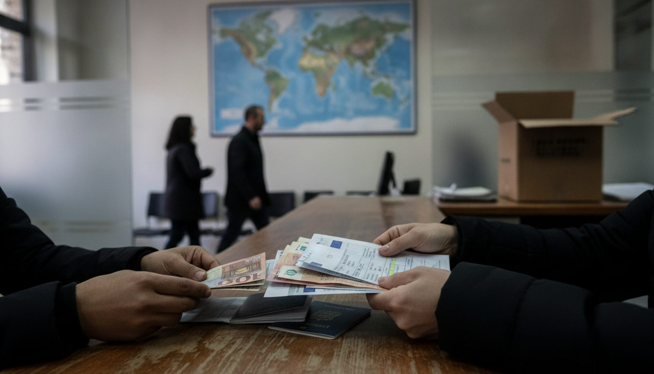 Manos de personas intercambiando documentos y dinero en una oficina de remesas, con un mapa mundial de fondo, reflejando el alcance global de la diáspora venezolana.