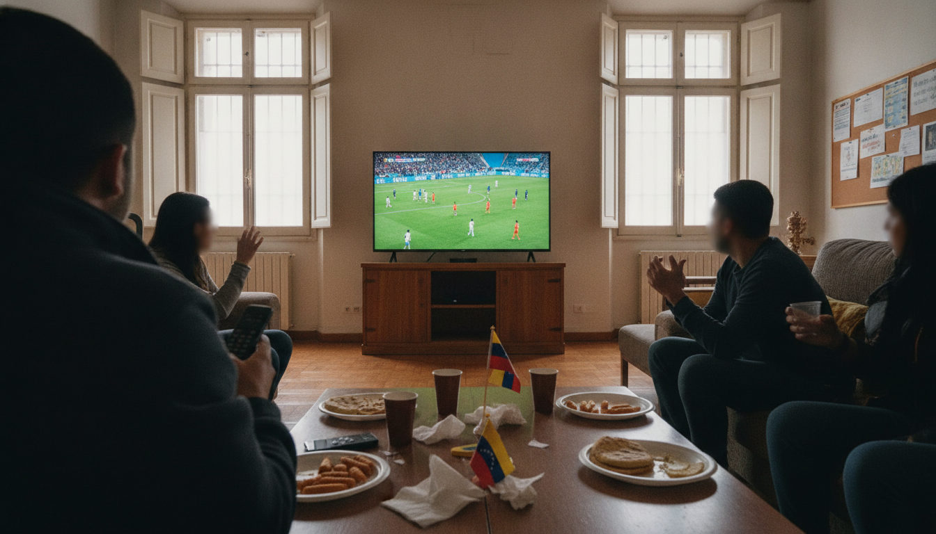 Venezolanos reunidos en una sala viendo un partido de cuartos de final del Mundial 2026 en televisión.