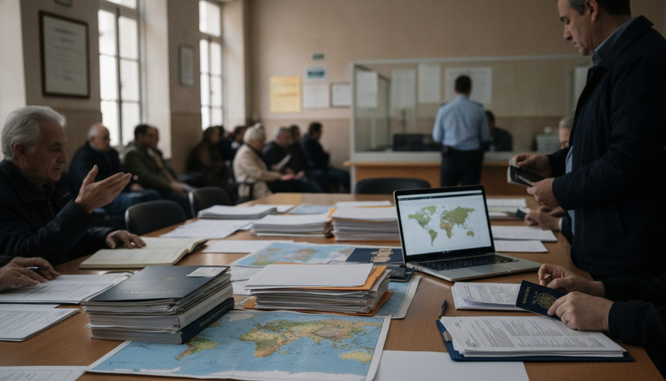 Varias manos consultando documentos y un mapa sobre una mesa de trabajo, simbolizando la planificación migratoria.