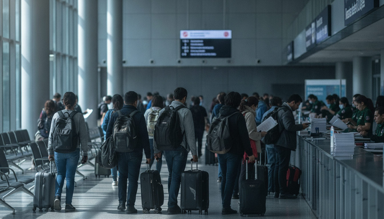 Venezolanos de diversas edades interactúan en un espacio de atención al migrante o de tránsito, con maletas y documentos en mano, simbolizando la magnitud de la diáspora y la búsqueda de oportunidades.