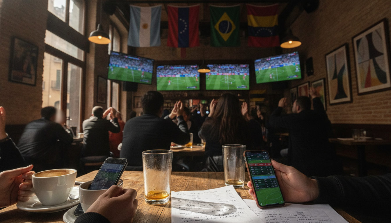 Venezolanos en la diáspora siguiendo los resultados del Mundial 2026 en un ambiente de comunidad, con pantallas de televisión y móviles mostrando marcadores y clasificaciones.