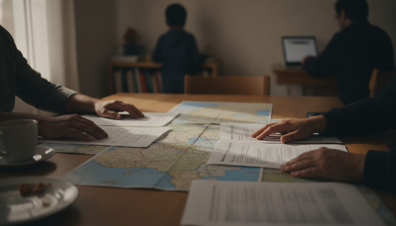 Manos de una familia venezolana estudiando mapas y documentos de residencia sobre una mesa de madera, planificando su futuro en el exterior.