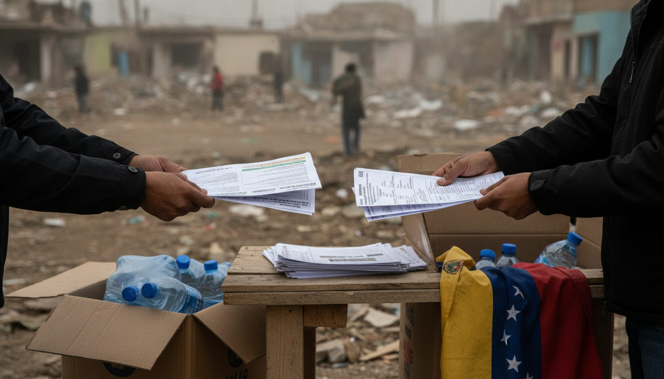 Manos de voluntarios y personas necesitadas interactuando en un punto de distribución de ayuda humanitaria en Venezuela, reflejando la respuesta a la emergencia sísmica.
