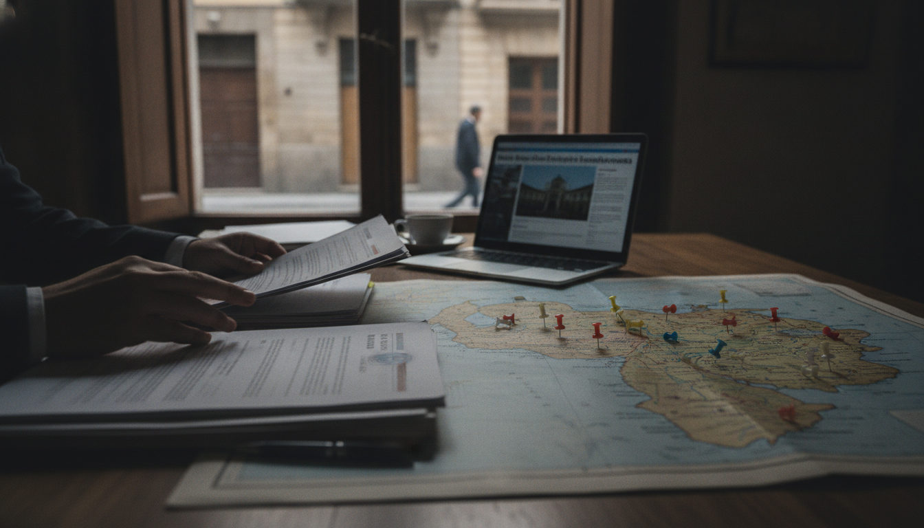 Manos revisando documentos desclasificados sobre Venezuela en un escritorio, con un mapa del país de fondo.