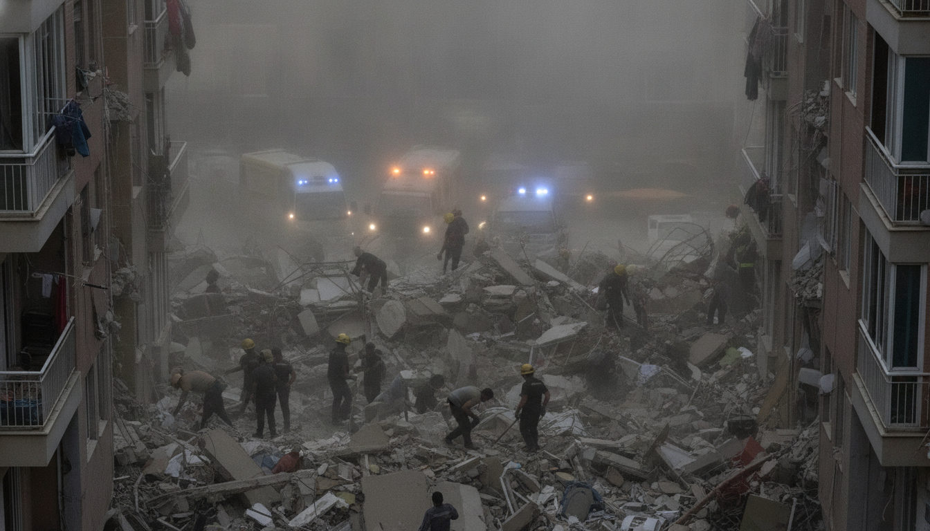 Equipos de rescate y voluntarios buscan supervivientes entre los restos de un edificio derrumbado tras un potente terremoto, con estructuras dañadas y polvo cubriendo el área.