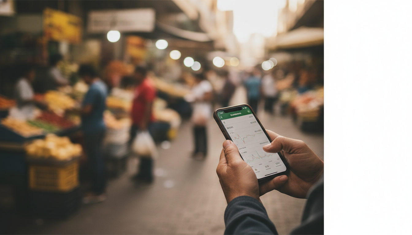 Manos de un venezolano revisando una aplicación de envío de remesas en su teléfono móvil, con la imagen borrosa de un mercado venezolano de fondo, simbolizando el impacto directo.