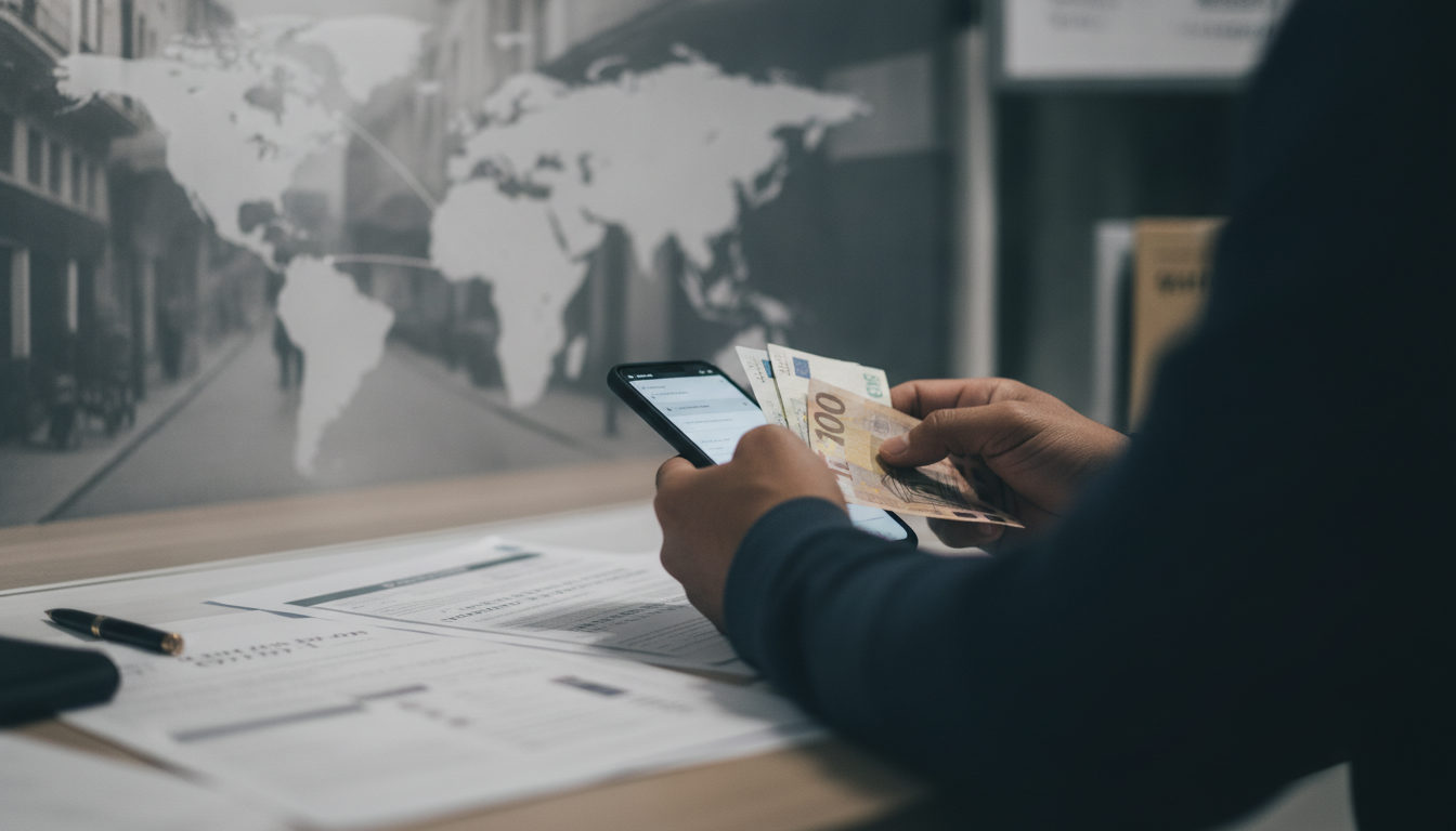 Manos sosteniendo billetes de euro y un teléfono móvil mostrando una aplicación de remesas, simbolizando el envío de dinero de la diáspora venezolana a su país.