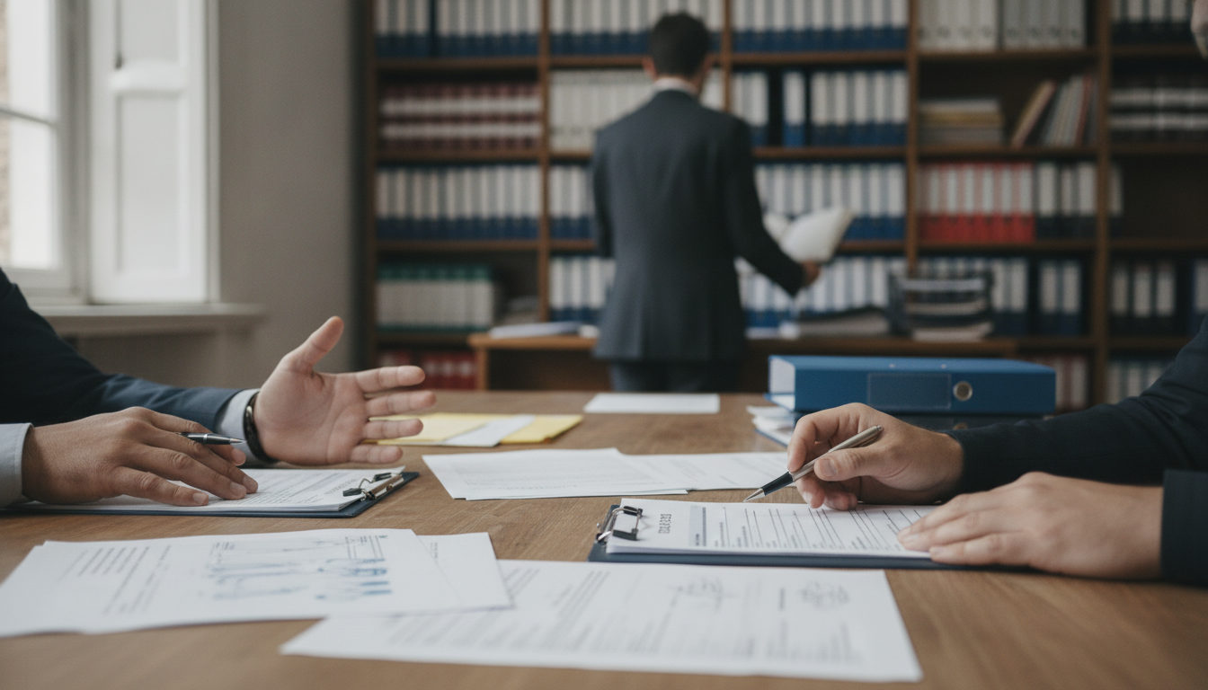 Manos de personas sobre documentos y formularios de extranjería en una mesa de una oficina legal, reflejando la complejidad de los trámites.