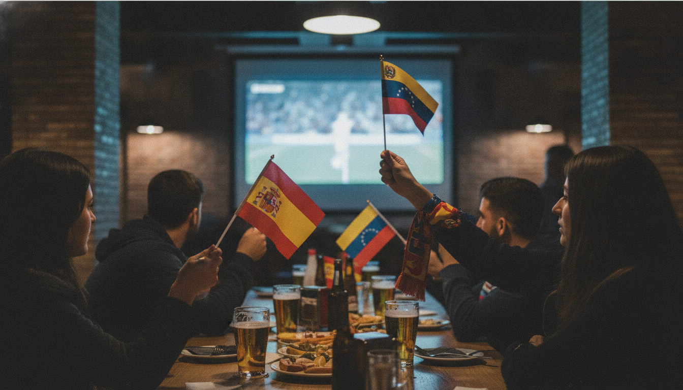 Venezolanos y españoles viendo un partido de fútbol del Mundial 2026 en un bar de Madrid, con banderas de ambos países.