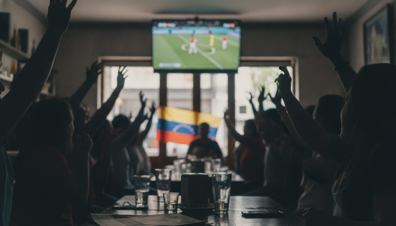 Aficionados de diversas nacionalidades, incluyendo venezolanos, reaccionando a un partido del Mundial de fútbol en un local comunitario con banderas de España y Venezuela de fondo.