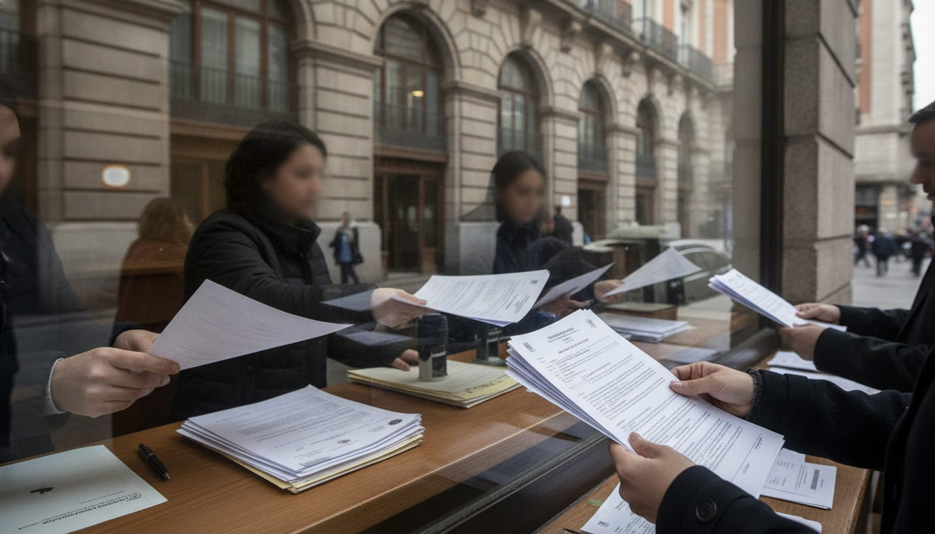 Ciudadanos, entre ellos varios latinos, gestionan trámites migratorios en un mostrador de una oficina de extranjería en España.