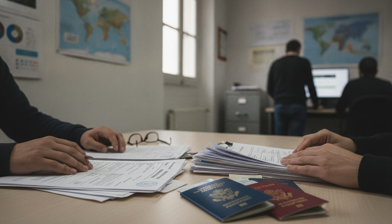 Manos de personas revisando documentos de migración y pasaportes sobre una mesa en una oficina de asistencia a migrantes.