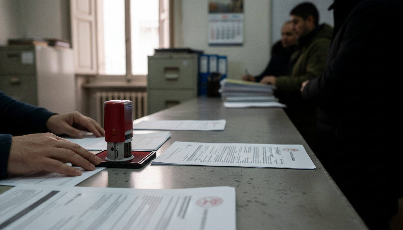 Manos de un funcionario gestionando documentos de extranjería en un mostrador, con sellos y papeles sobre la mesa en una oficina pública de Madrid.