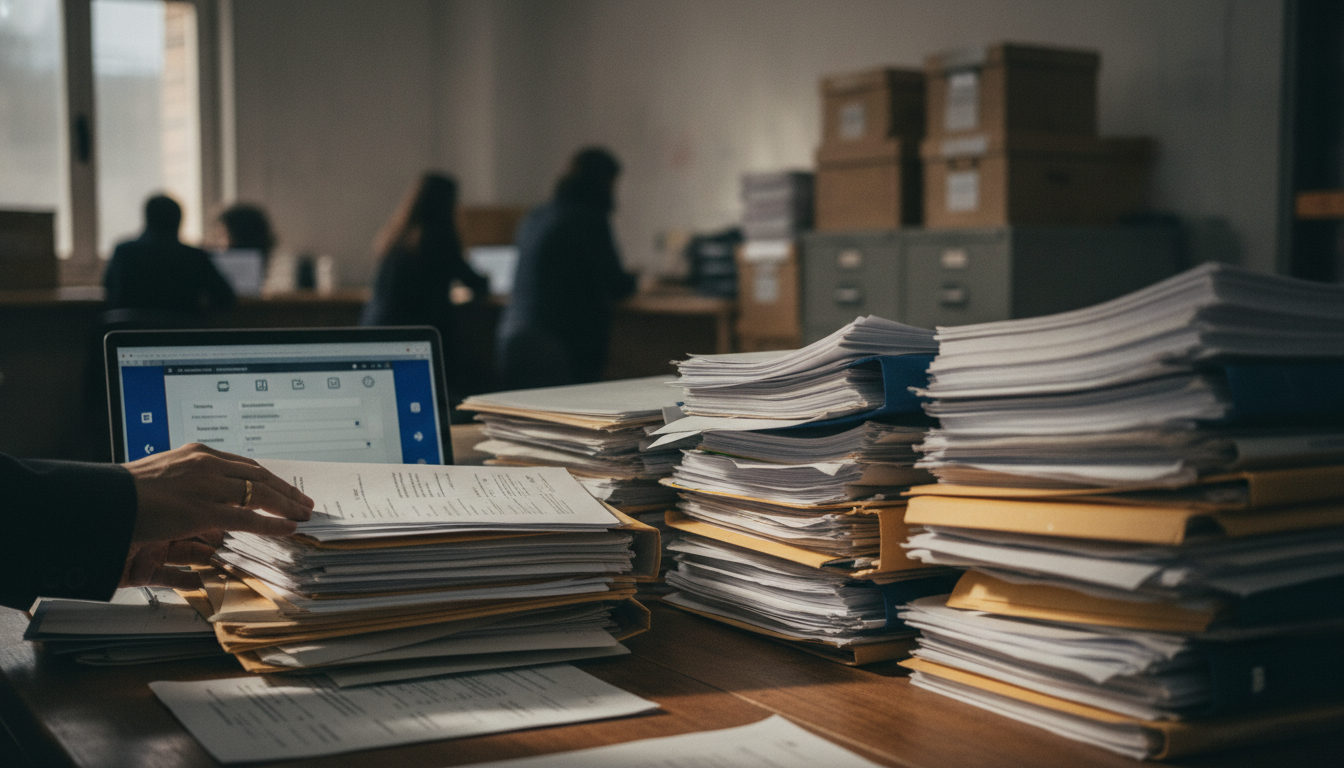 Manos de un funcionario revisando expedientes y documentos de extranjería sobre un escritorio en la Oficina de Madrid.