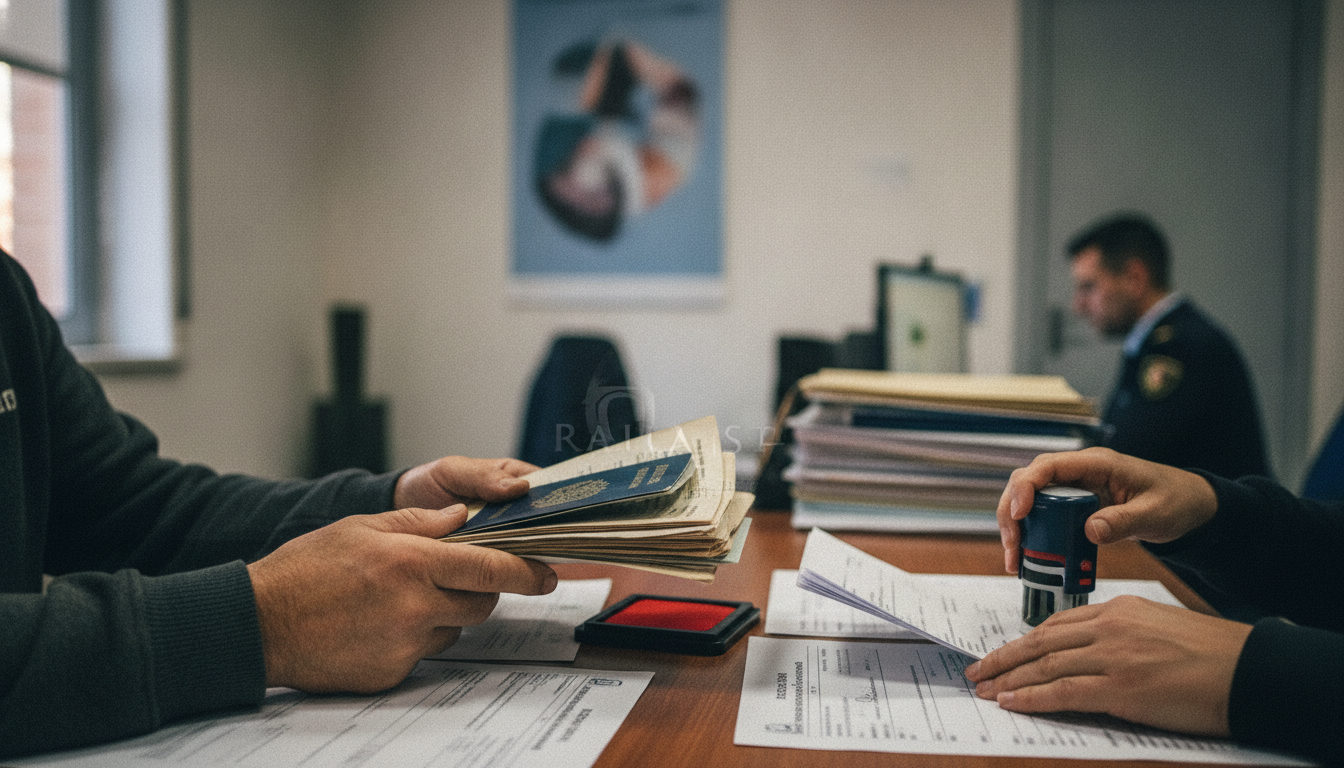 Manos de un solicitante de protección internacional entregando documentos en un mostrador de atención al público en una oficina de servicios sociales.