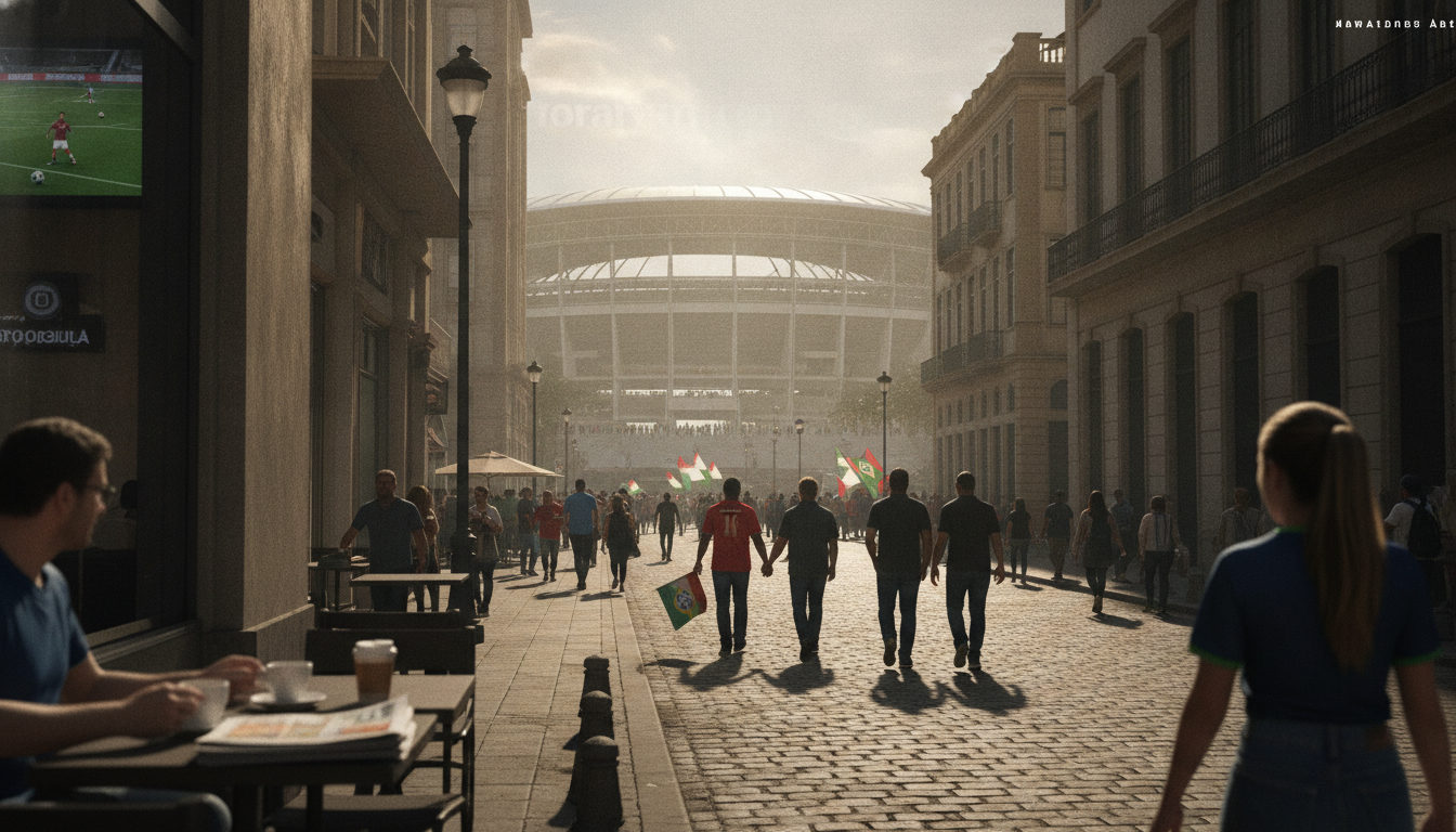 Calles bulliciosas de Río de Janeiro con el icónico estadio Maracaná al fondo, mientras la gente transita por la acera en un día soleado, reflejando el ambiente de una ciudad anfitriona de un evento deportivo.