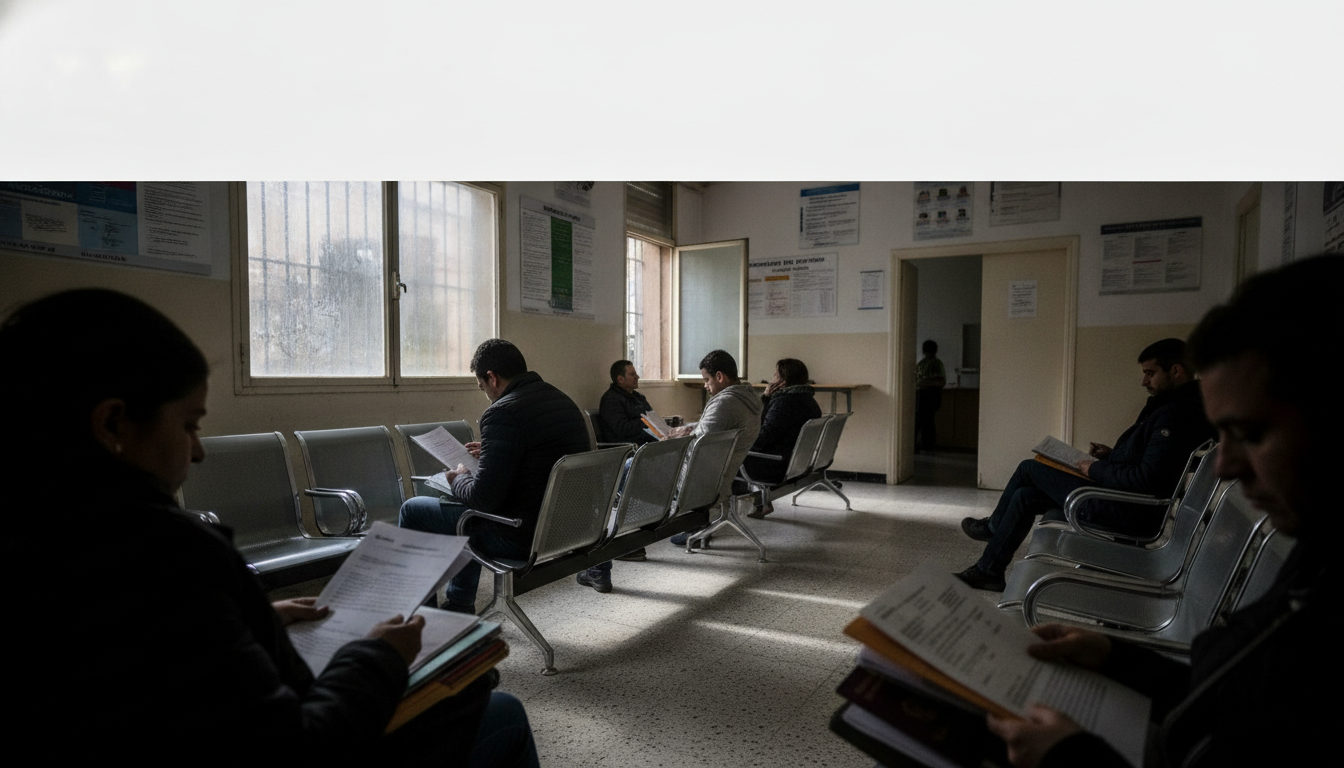 Varias personas esperan en una sala de una oficina de extranjería en España, con documentos en mano.