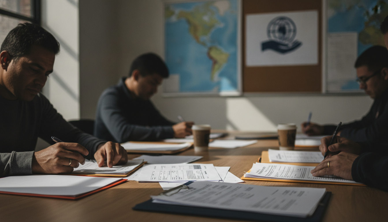 Manos de personas examinando documentos migratorios sobre un escritorio con formularios y mapas de Norteamérica.
