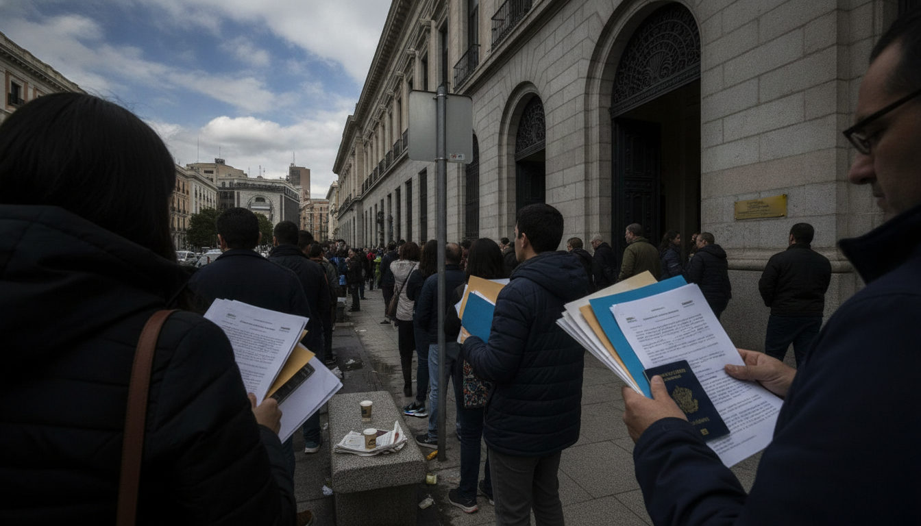 Varias personas aguardan en las afueras de una oficina de trámites migratorios, con documentos en sus manos y expresiones de espera.