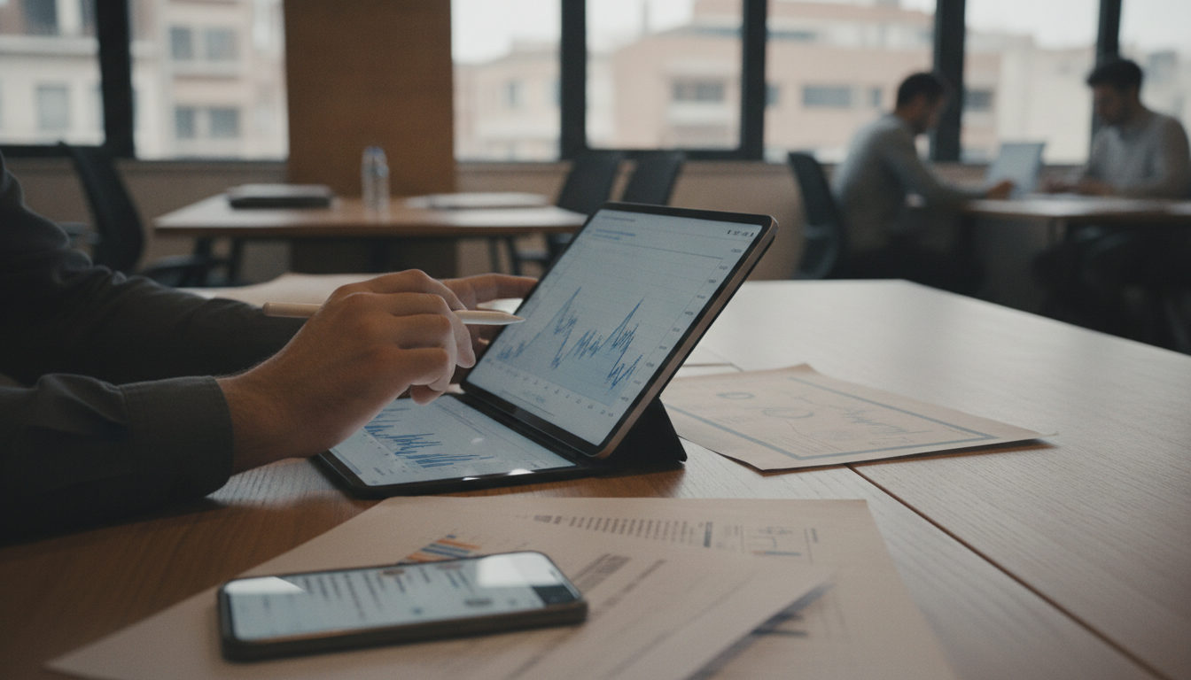 Manos de una persona analizando gráficos económicos en una tableta, con documentos y un teléfono móvil, reflejando el estudio de la volatilidad financiera.